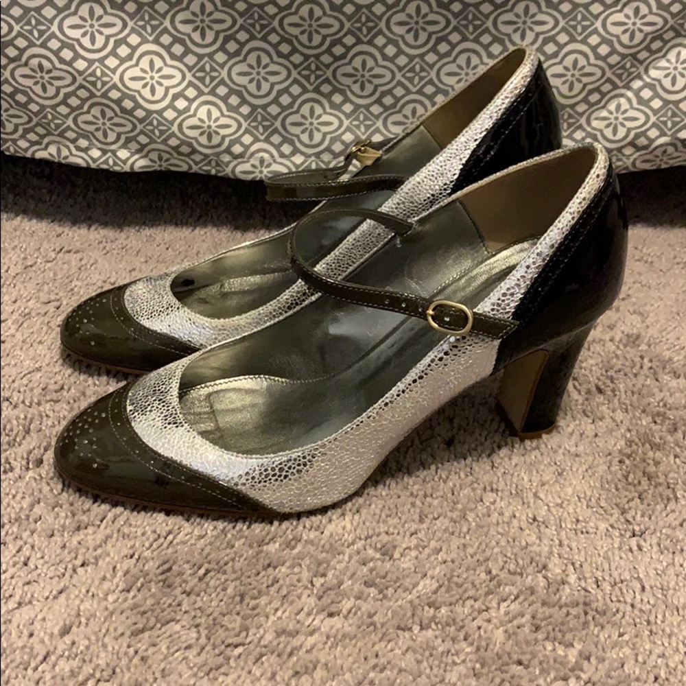 J.Crew Mary Janes black and silver leather.